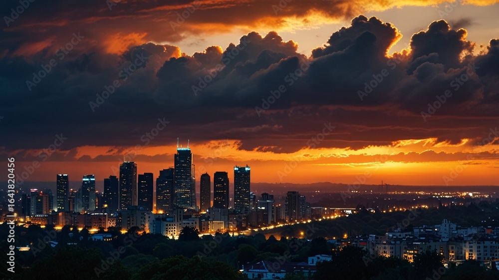 Fototapeta premium Dramatic Sunset Skyline with Silhouetted Cityscape and Vibrant Sky V6
