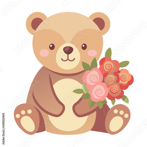 Playful teddy bear with bouquet of roses vector illustration