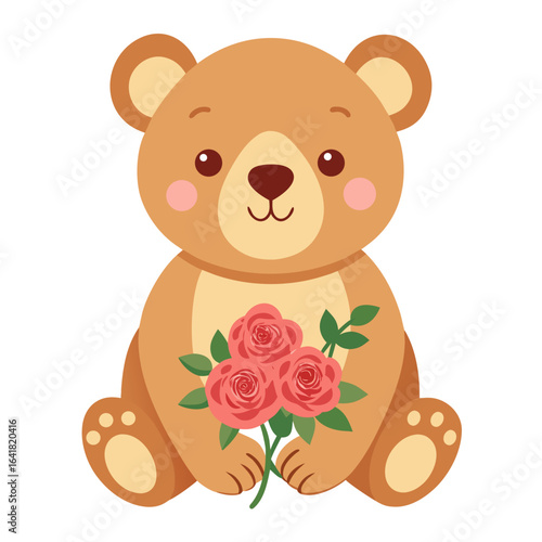 Playful teddy bear with bouquet of roses vector illustration
