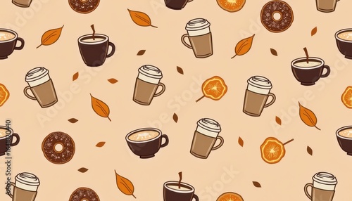 Wallpaper Mural Cozy autumn seamless pattern featuring coffee cups donuts and fall leaves perfect for seasonal decorations and cafe ambiance Torontodigital.ca