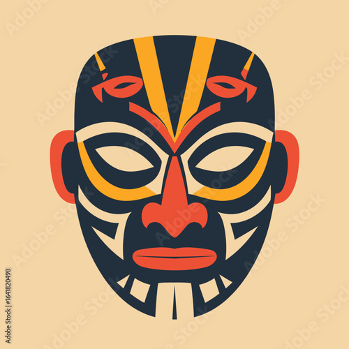 Stylized, flat design of a tribal mask with geometric patterns, dark blue, orange, and yellow against a beige background
