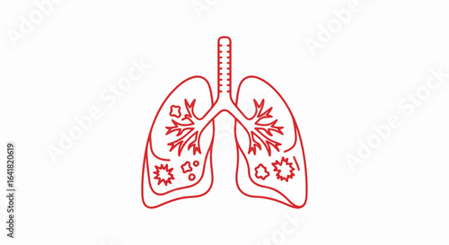 Red Line Art Illustration of Human Lungs with Bronchi and Infected Areas