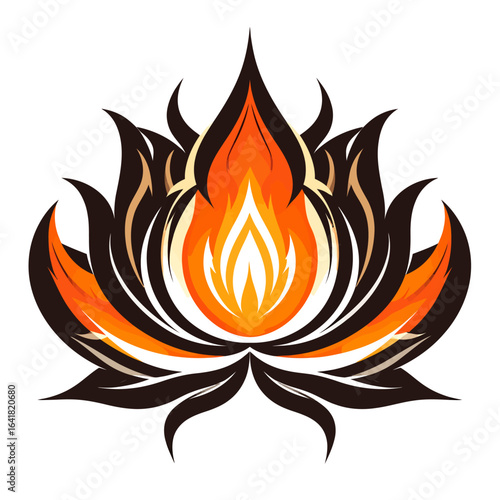 Stylized illustration of a fiery floral motif, radiating intense heat with flames within dark petal-like forms