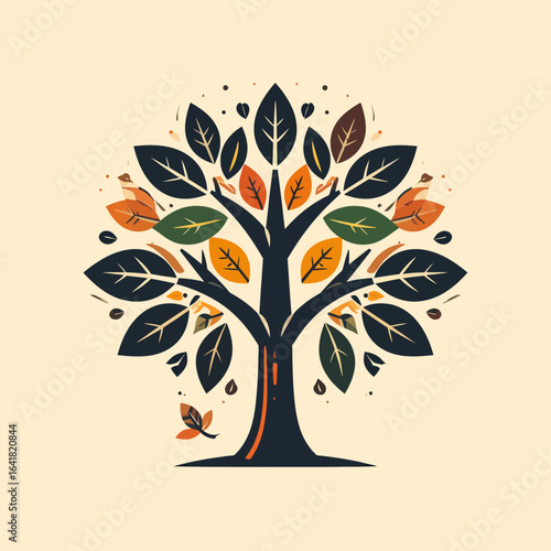 Stylized illustration of a tree with a dark trunk and branches adorned with colorful leaves in autumnal hues