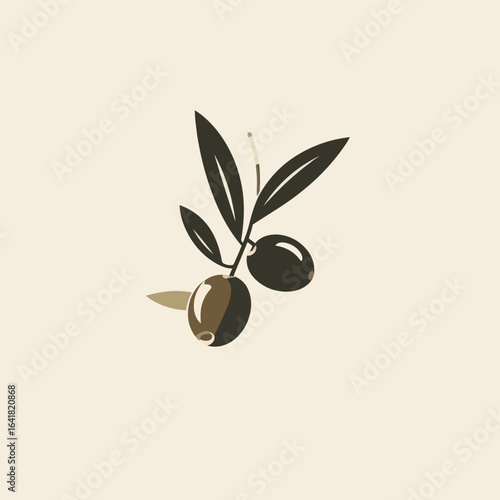 Stylized illustration of an olive branch with olives, leaves, and a stem, set against a cream background