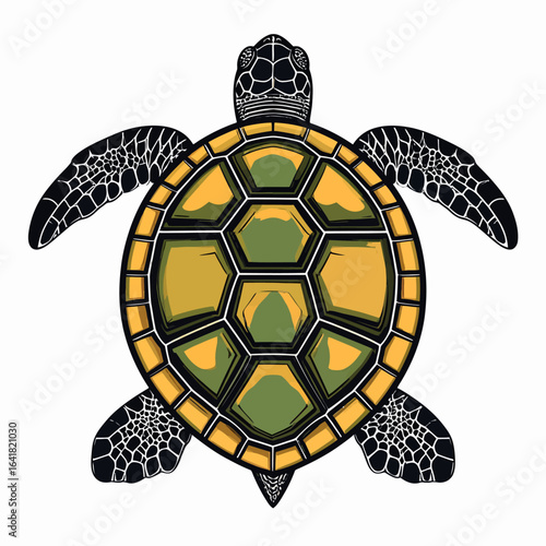 Stylized top-down view of a sea turtle, featuring a colorful patterned shell and flipper design, and a detailed head