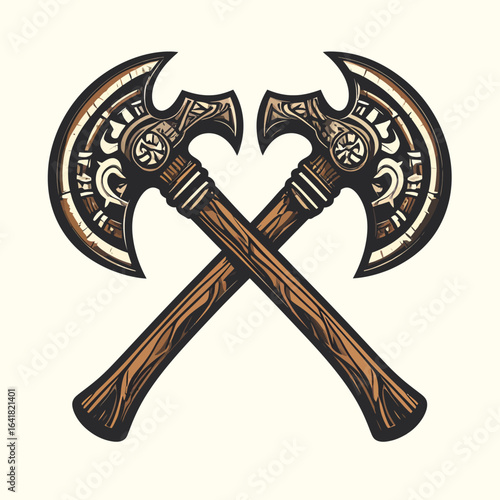 Two crossed battle axes, ornate blades and wooden handles, on a cream background, digital art
