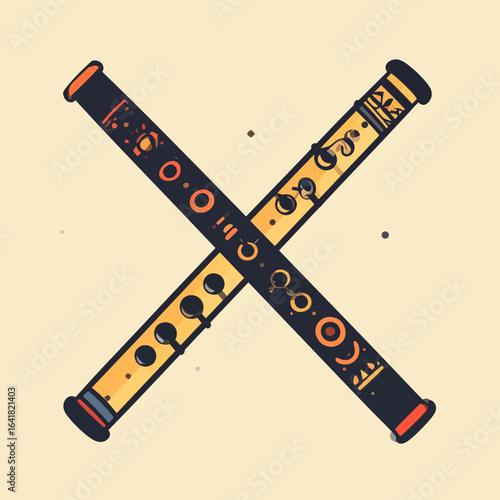 Two crossed, stylized wind instruments, possibly flutes, with circular holes and decorative elements, set against a cream background