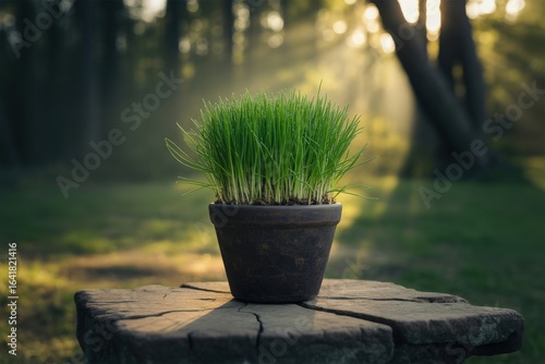 Vibrant green sprouts in a pot bathed in sunlight