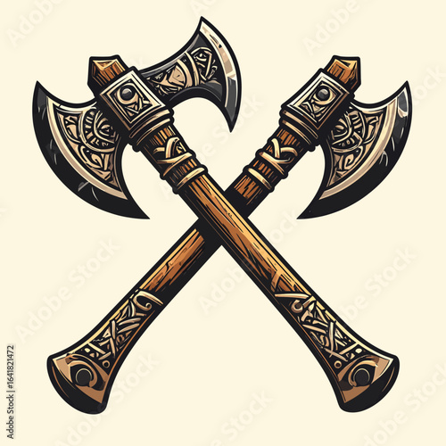 Two ornate, crossed axes with wooden handles and detailed decorative metal heads, set against a cream background