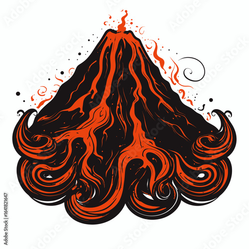 Vector illustration of a volcano erupting with red lava cascading down a black peak, contrasted against a white background