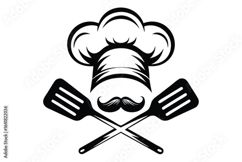 Black chef's hat rests above a mustache and crossed spatulas, showcased on white