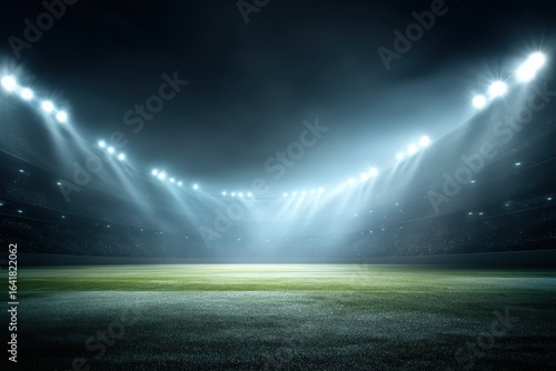 A brightly lit, empty sports stadium at night with vivid green grass and dramatic floodlights illuminating the field