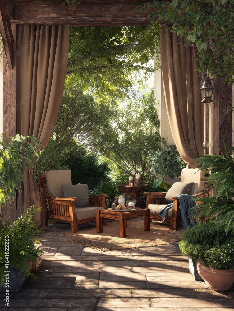 Obraz premium outdoor wood furniture on a patio with curtains creating a cozy and inviting space patio outdoor wood furniture curtains