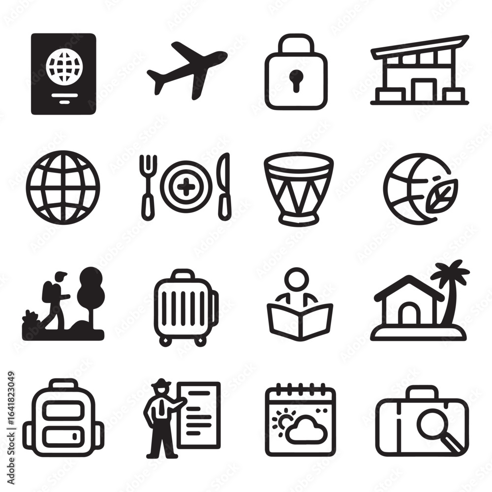 Obraz premium A passport with globe symbol, a crossed airplane silhouette, a locked suitcase, and an airport terminal with plane and terminal building.