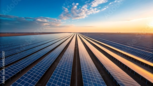 Large Solar Panel Farm at Sunset Generating Clean Energy and Promoting Sustainability on a Vast Landscape