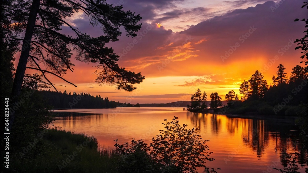 Fototapeta premium Golden Sunset Over Tranquil Lake with Tree Silhouettes V1
