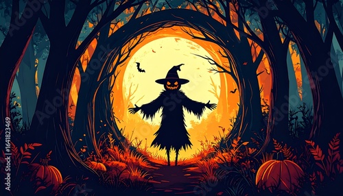 Halloween scarecrow in a spooky forest