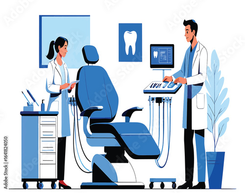 Modern dental office with a team of professionals. High-quality vector illustration for medical and healthcare design.