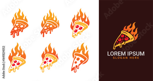 Flaming Pizza Slice Logo Set – Spicy Food Vector Icons for Restaurants and Pizza Brands

