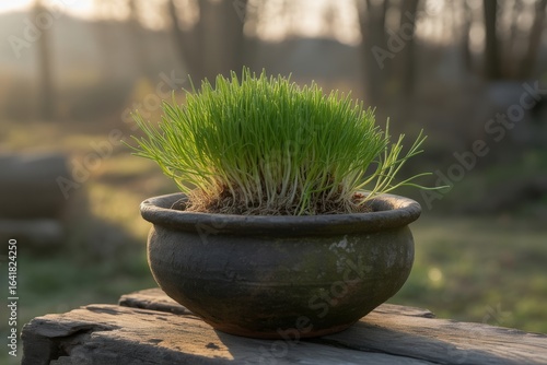 Vibrant green grass sprouting in a rustic pot outdoors
