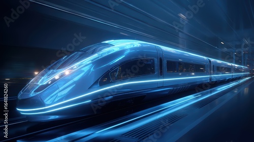 A futuristic high-speed train with glowing blue lights speeds through a modern tunnel, showcasing advanced transportation technology