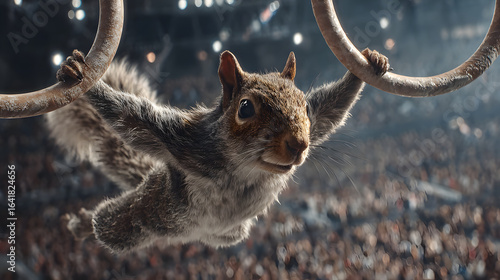 A squirrel competing on the rings at the Olympic Games.