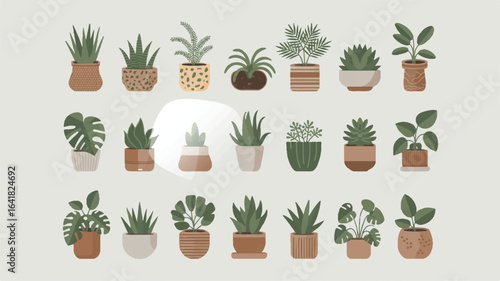 Collection of trendy house plants in stylish pots vector illustration for interior design and botanical decor concepts
