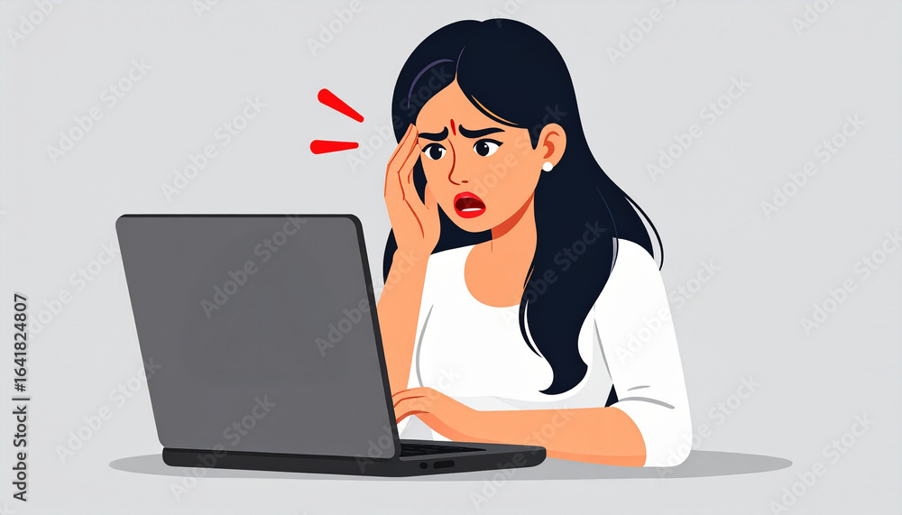 A frustrated person, with an anxious expression, is looking at a laptop screen A frustrated person, with an anxious expression, is looking at a laptop screen