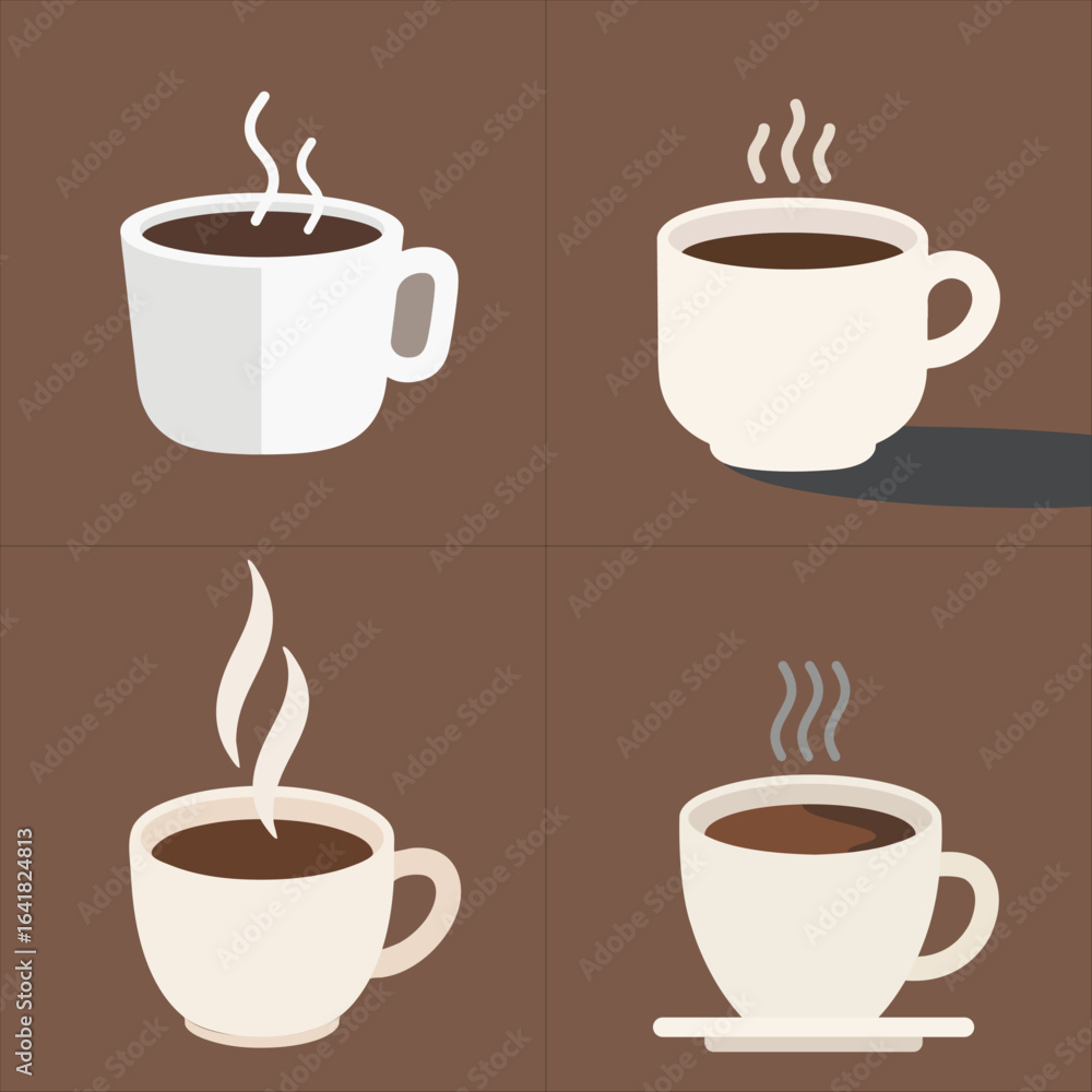 Obraz premium Minimalist flat vector illustration of a coffee cup with steam rising, clean and simple design, isolated on white background. Perfect for cafe branding, coffee shop logo, menu design, and digital grap