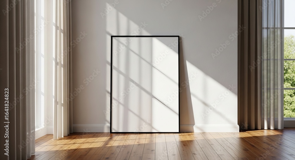 Fototapeta premium Blank frame mockup on white wall with sunlight and curtain shadow indoor