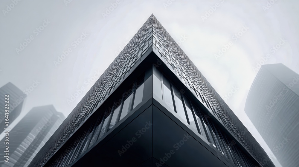 Fototapeta premium Modern Architecture Building Exterior with Sharp Angle, Dark Tone, and Foggy Background for Business Concepts