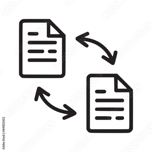 Two documents with curled corners connected by curved arrows in a circular motion on white