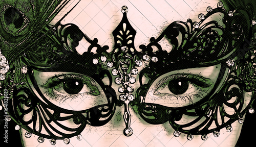 A woman in a masquerade mask in closeup abstract illustration