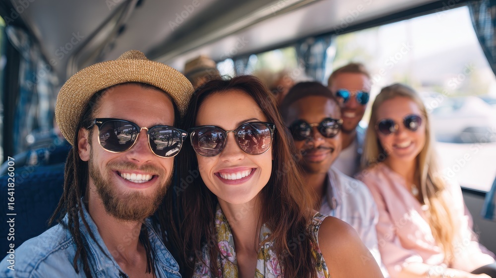 friendship travel vacation summer and people concept group of smiling friends traveling by tour bus no logos no brands ar 169 friendship travel vacation summer and people concept group of smiling friends traveling by tour bus no logos no brands ar 169