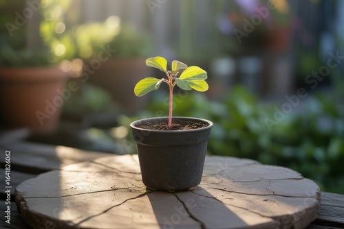 Young sapling in pot bathed in warm sunlight