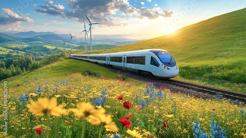 Modern high speed train passing through scenic countryside with wildflowers and wind turbines at sunrise