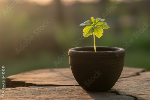 Young green plant growing in a dark pot on a wooden surface