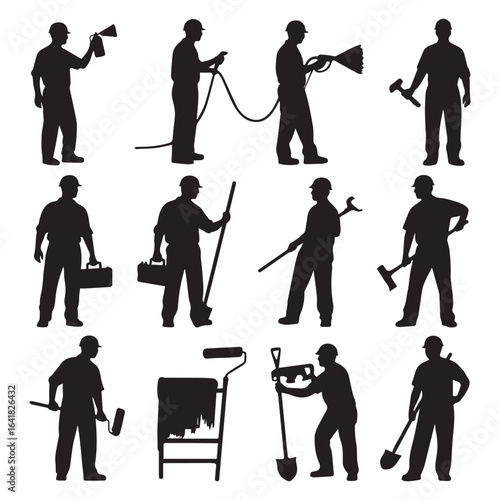 A set of 12 black silhouette illustrations of construction and maintenance workers in various poses against a white background. 