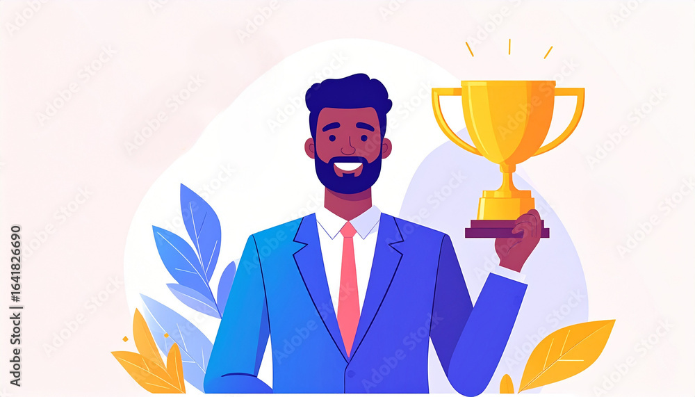 A man, beaming with joy, holds a golden trophy symbolizing achievement and success A man, beaming with joy, holds a golden trophy symbolizing achievement and success
