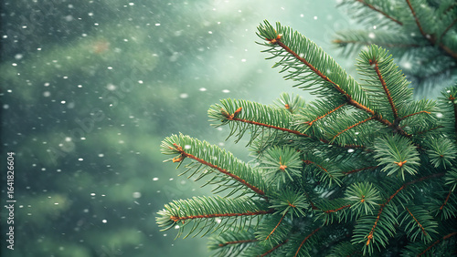 Snowflakes gently fall on the green branches of a fir tree, creating a festive winter scene in a snowy forest