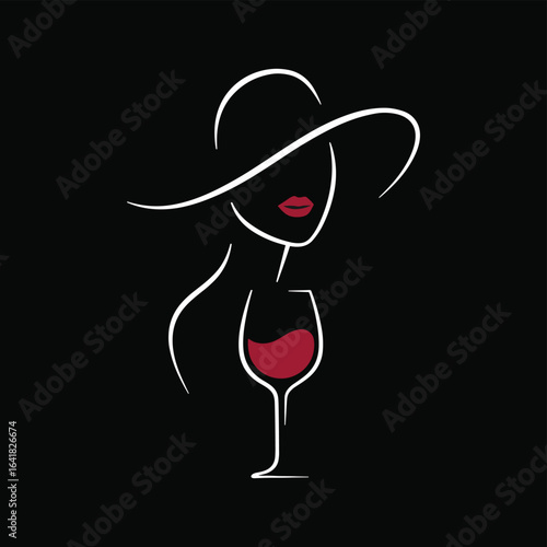 Elegant woman with hat and wine glass minimal line art on black background