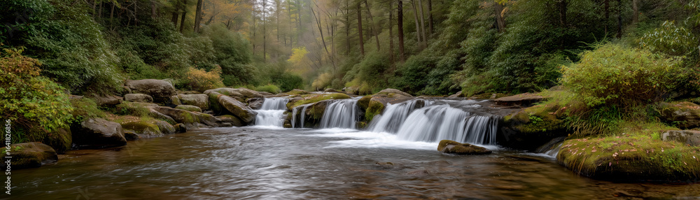 Obraz premium Fake 360 degrees panorama waterfall cascading over rocks in lush forest landscape showcasing tranquility and natural beauty 