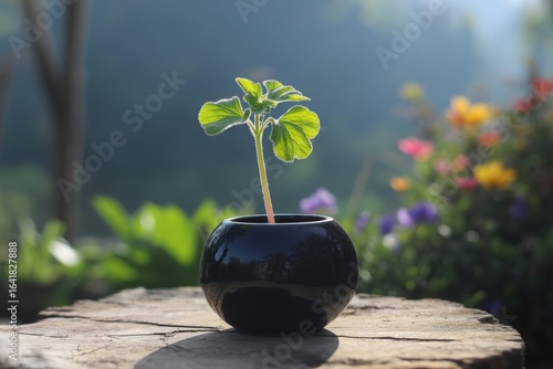 Young plant in a dark pot on a wooden surface with blurred garden background