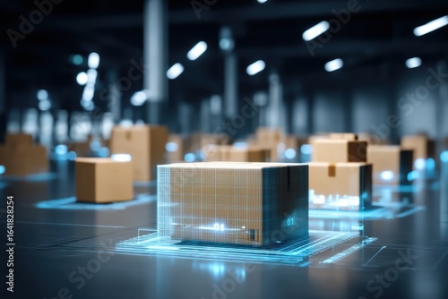Cardboard boxes in a warehouse are highlighted with digital effects, suggesting advanced logistics or smart inventory management technology