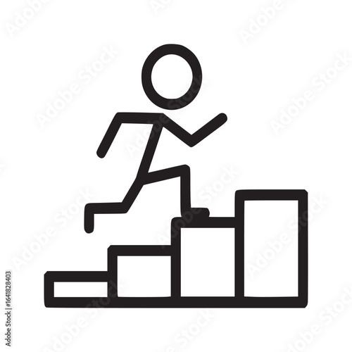 A simple black and white line drawing of a stick figure climbing a set of stairs or steps upwards
