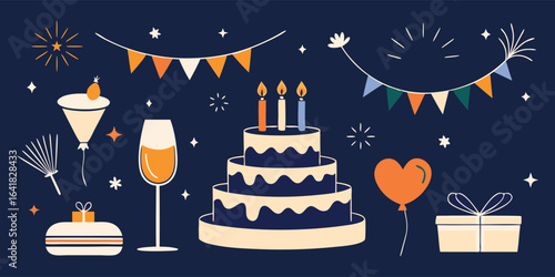 Modern Birthday Party Vector Icon Set. A flat design illustration of celebration elements on a dark background. A graphic collection of a cake, gifts, and balloons for a holiday design.