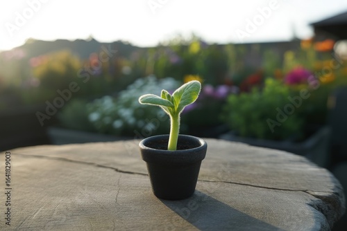 Tiny seedling in a pot on a wooden surface with a garden background