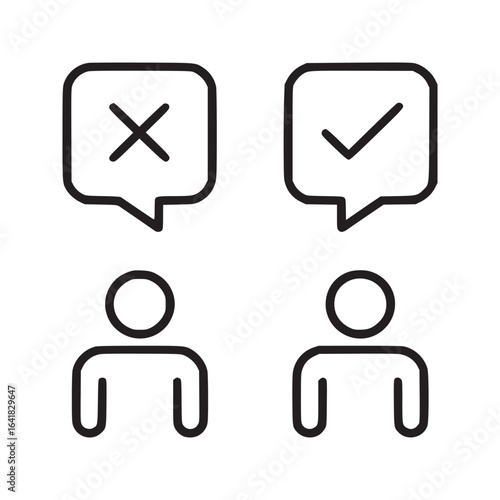 Two people icons with speech bubbles displaying a check mark and an x mark in a simple black and white design