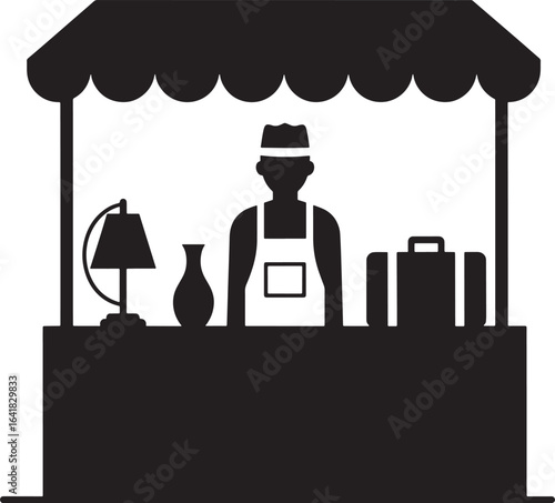 Black and white vector illustration of a market stall with a vendor selling various items. 